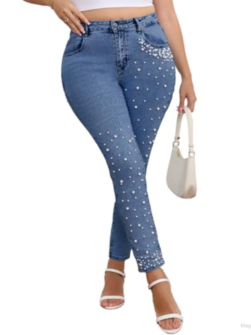 Pearl Beaded High Waist Skinny Jeans Stretchy Slimming Denim Pants